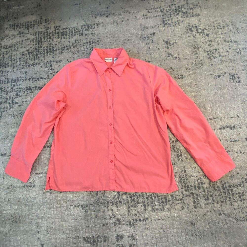 White Stag Womens L 12-14 Coral Pink Solid Long Sleeve Button Down Shirt Blouse